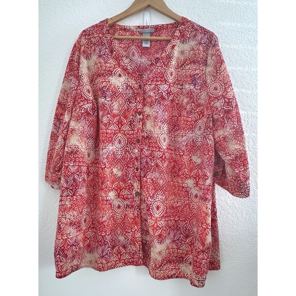 Catherines Artisan Granny Vibrant Red Geometric Batik Print Tunic Top‎ Size 1X